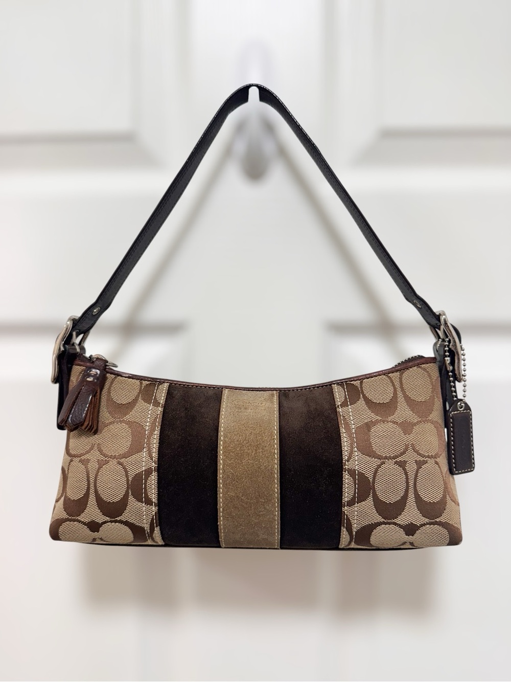 Coach Hamptons Suede Stripe Demi Baguette Khaki Brown Canvas 8K09